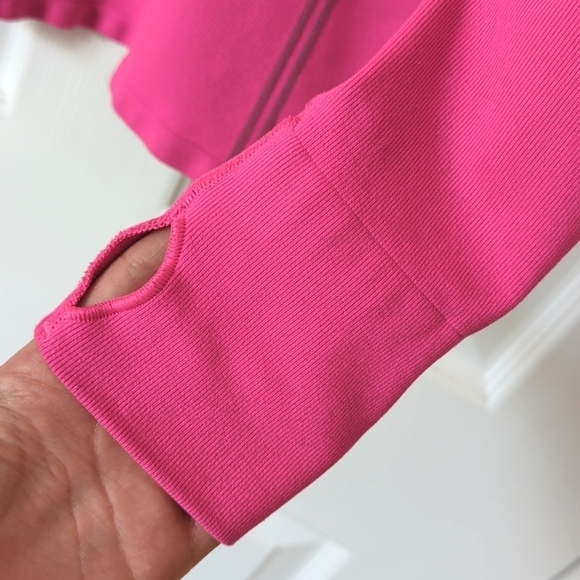 Athleta Paisley Jacquard Knit Form Fitting Quarter Zip Hooded Top Hot Pink M - Picture 7 of 11